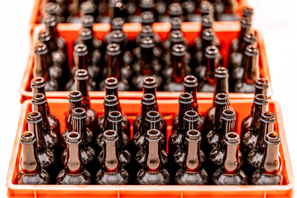 drink bottles in crates in storage